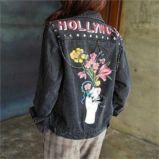 Studded Printed Denim Jacket Black - One Size