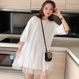 Plain 3/4-sleeve Mesh Dress