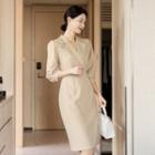 Puff-sleeve Peaked-lapel Sheath Dress