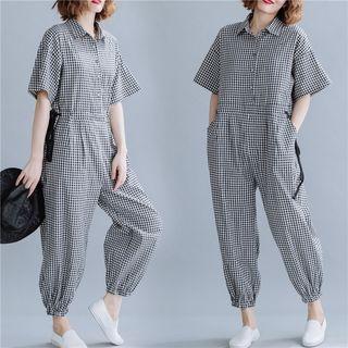 Check Short-sleeve Crop Jumpsuit