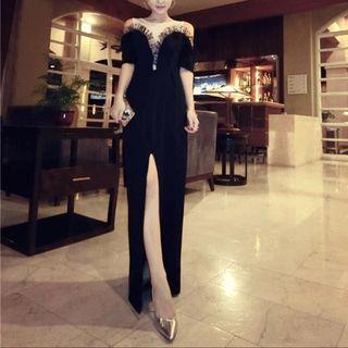 Lace Trim Off Shoulder Short Sleeve Maxi Dress Black - One Size