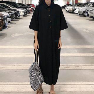 Plain Elbow-sleeve Midi Polo Dress