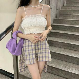 Plain Ruched Cropped Camisole / Plaid Skort