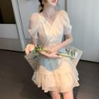 Puff-sleeve V-neck Wrap Mini Chiffon Dress
