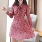 Tie-neck Pintuck Floral Dress Pink - One Size