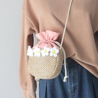 Floral Woven Crossbody Bucket Bag