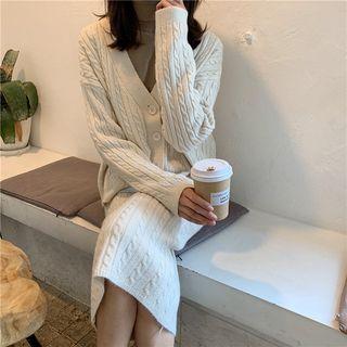 Set: V-neck Cable Knit Cardigan + Cable Knit Skirt