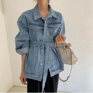 Washed Single-breasted Denim Jacket With Belt