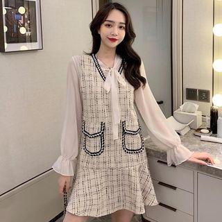 Set: Long-sleeve Tie-neck Blouse + Tweed Pinafore Dress