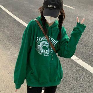 Oversize Hooded Print Loose-fit Top