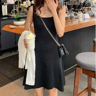 Wide Strap Knit Mini A-line Dress / Knit Cardigan