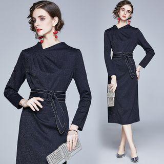 Long-sleeve Diagonal Neckline Sheath Dress With Belt