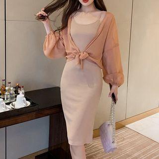 Set: Light Jacket + Spaghetti Strap Midi Sheath Dress