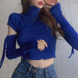 Set: Short-sleeve Turtleneck Crop Top + Arm Sleeves