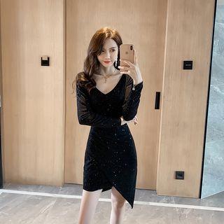 Asymmetric V-neck Long-sleeve Rhinestone Sheath Dress