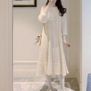 Plain Cable Knit Midi A-line Dress
