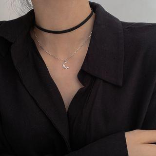 Moon Pendant Sterling Silver Necklace Black - One Size