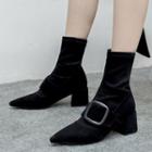 Genuine Leather Buckled Chunky-heel Mid-calf Boots