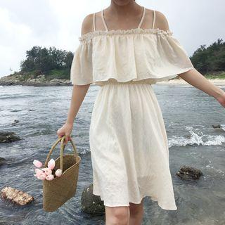 Flounced Off-shoulder Elbow-sleeve A-line Dress