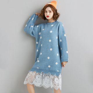 Lace Panel Dotted Midi Sweater Dress