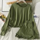 Set: Drawstring-side Slim-fit Crop T-shirt + Drawcord High-waist Shorts In 5 Colors