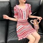 Short-sleeve Print Mini A-line Knit Dress As Shown In Figure - One Size