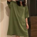 Short-sleeve Round Neck Plain Long T-shirt