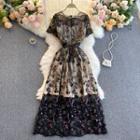 Short-sleeve Floral Lace Mesh Midi A-line Dress
