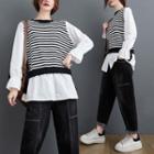 Mock Two-piece Bell-sleeve Blouse Black & White - One Size