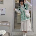 Lettering Sweatshirt / Argyle Sweater Vest / Midi A-line Skirt