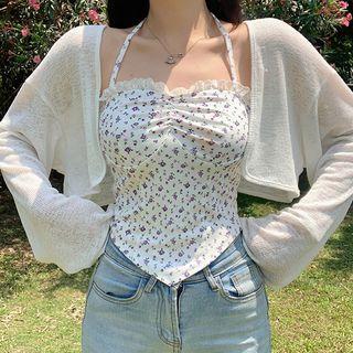 Halter Neck Lace-trim Floral Print Crop Camisole Top / Cardigan