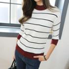 Striped Crew-neck 3/4-sleeve Slim-fit Knit Top