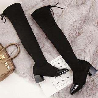 Cap Toe Paneled Chunky Heel Tall Boots