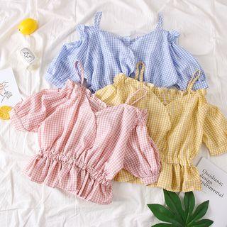 Off-shoulder Checked Crop Blouse