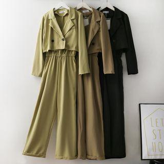 Set: Double-breasted Crop Blazer + Sleeveless Wide-leg Jumpsuit