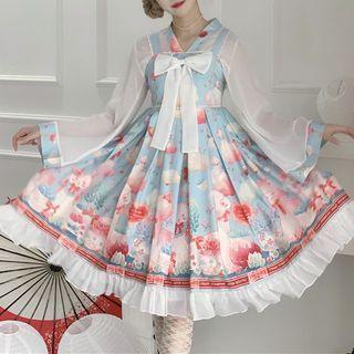 Set: Bell-sleeve Chiffon Blouse + Cartoon Print Pinafore Dress