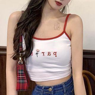 Spaghetti Strap Letter Embroidered Crop Top White - One Size
