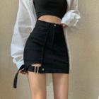 High Waist Cutout Denim Mini Fitted Skirt