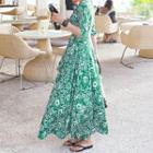 Tall Size Wrap-front 3/4-sleeve Pattern Maxi Dress