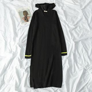 Striped V-neck Knit Hooded Dress Black - One Size