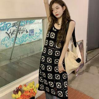 Sleeveless Eyelet Lace Two-tone Dress Black - One Size
