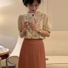 Short-sleeve Floral Knit Top / Midi Skirt