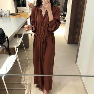 Long-sleeve Tie-waist Midi Shirtdress Red Brown - One Size