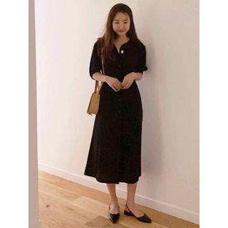 Puff-sleeve Pintuck-trim Shirtdress