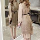 Set: Velvet Long-sleeve A-line Dress + Long Knit Vest