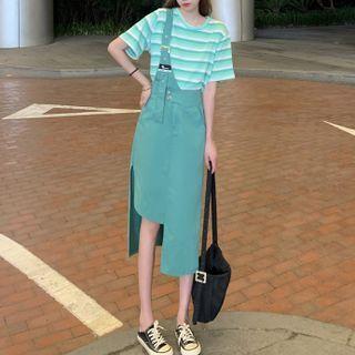 Plain Asymmetrical Overall Dress / Round-neck Striped Short-sleeve T-shirt