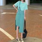 Plain Asymmetrical Overall Dress / Round-neck Striped Short-sleeve T-shirt