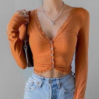Lace Trim Button-up Cropped Top