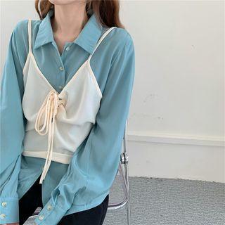 Plain Long-sleeve Loose-fit Shirt / Sleeveless Top