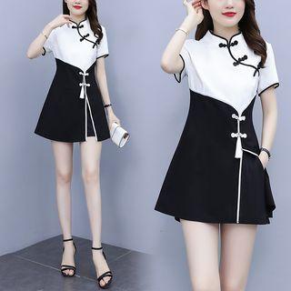 Set: Short-sleeve Two-tone Frog Buttoned A-line Dress + Shorts